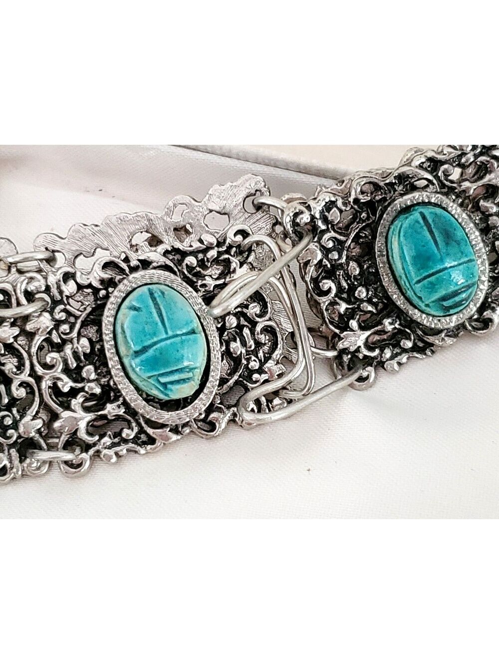 Vintage Egyptian Scarab Beetle and Silver Tone Panel Bracelet - Picture 2 of 6